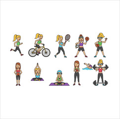 Fototapeta premium A group of cartoon women performing various sports and fitness activities like running, cycling, yoga, swimming, and weightlifting.