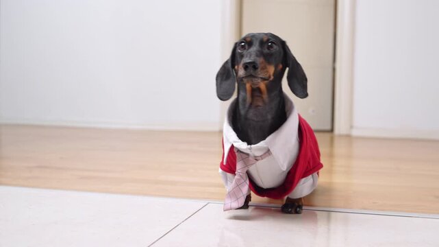 A dachshund in a red jacket and white shirt stands on the tiled floor, happy to see who has arrived, and quickly follows commands to lie down, sit, and lick his lips.