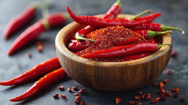 wooden bowl overflowing with ground red chili and glossy whole red chilies on a dark tabletop with scattered chili flakes, evoking fiery spicy vibrant heat