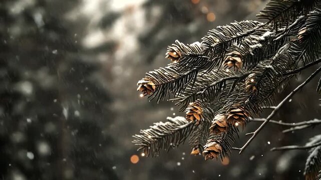 Snowy pine branches with wintery details