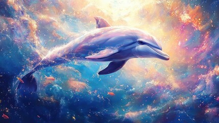 Obraz premium A serene dolphin gracefully swimming underwater surrounded by glowing light and small orange fish in a colorful ocean scene