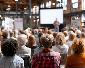 Obraz premium A diverse ence attentively listens to a speaker presenting on a large screen du a conference in an urban industrial venue setting.