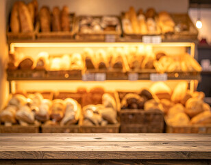 A rustic wooden table foreground with a bakery display of assorted fresh breads and pastries in a warm, inviting environment.