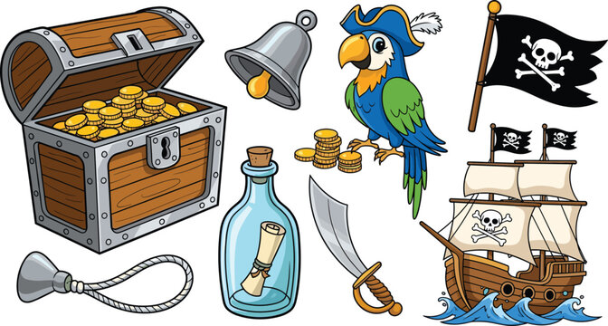 Vector collection of pirate themed illustrations including treasure chest, parrot, ship, skull flag, sword and message in a bottle isolated on white background.
