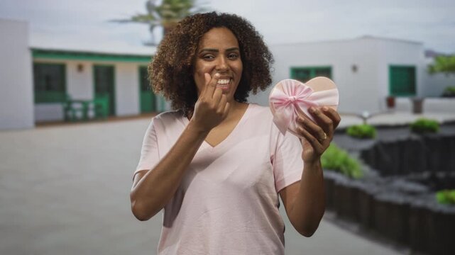 Woman holding a heart shaped gift box and placing candy into her mouth with finger on lips in front of building; sweet treat joy.