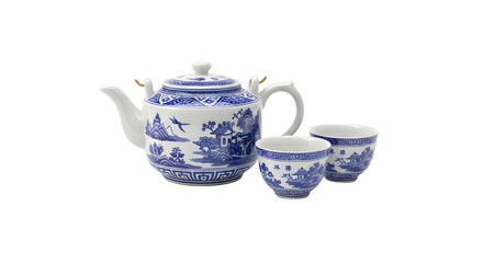 Traditional Blue and White Porcelain Teapot Set with Two Cups Isolated on White