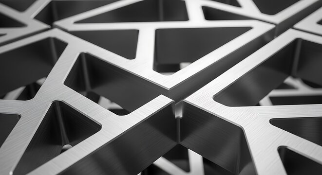 Close-up view of intricate metallic geometric pattern with intersecting lines and abstract shapes.