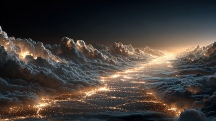 Surreal view of a city at night from above the clouds illuminated by warm lights