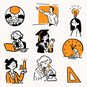 Education hand drawn doodle icon set with teacher, students, graduation, science and learning symbols