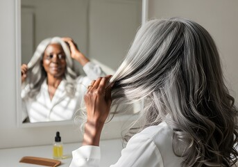 Naklejka premium Senior Black Woman with Long Gray Hair Looking in Mirror Touching Hair for Morning Beauty Routine