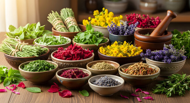 Vibrant collection of medicinal herbs and colorful flowers in bowls for alternative medicine.