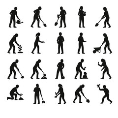 Fototapeta premium Silhouettes depicting various human actions including cleaning gardening and leisurely activities high quality