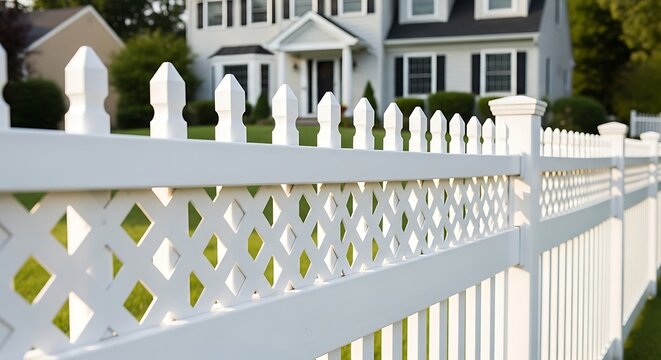 White picket fence with lattice detail in front of a large suburban house on a sunny day.