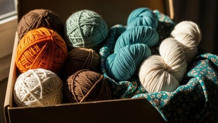 Warm sunlight illuminates diverse yarn balls earthy tones and blues, nestled in a box with floral fabric