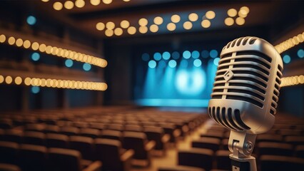 Close-up of a classic microphone in an empty auditorium with blue stage lights and warm hall lighting