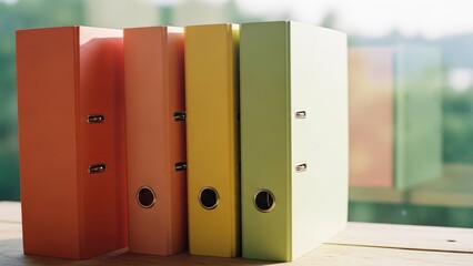 Four brightly colored ring binders (orange, peach, yellow, light green) stand on a wooden surface, soft light
