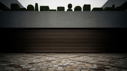 Dark courtyard with patterned stone, large horizontal wooden slats, and geometric topiary forms under bright sky