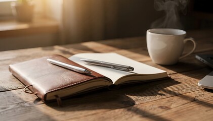 Naklejka premium A serene workspace with a notebook, pen, and steaming cup of coffee