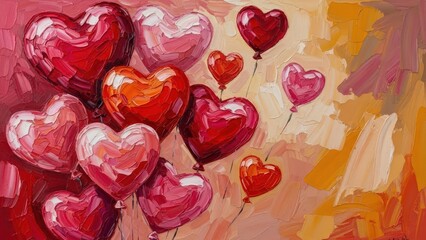 Impasto painting of shiny heart balloons, reds and pinks, floating on a warm, painterly gradient