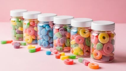 Six clear jars displaying vibrant, assorted gummy candies in various shapes on a pastel pink background, with scattered sweets