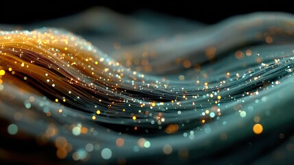 Flowing Abstract Waves of Golden Light Particles on Dark Teal Background