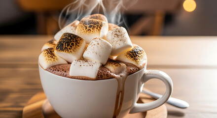 A comforting cup of hot chocolate topped with perfectly toasted marshmallows on a cozy wooden table