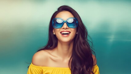 A joyful woman in blue oversized sunglasses and a yellow top, smiling widely against a teal background