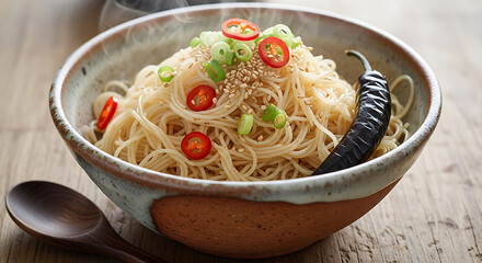 Steaming hot noodle bowl adorned with vibrant chilies, fresh scallions, and sesame seeds
