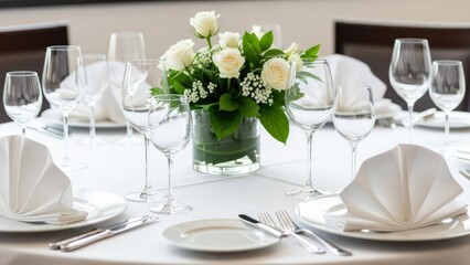 Elegant round table set for a formal meal with white linens, sparkling glassware, and a rose centerpiece