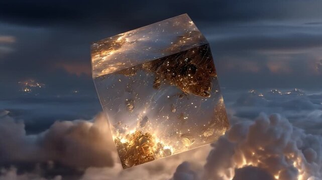 Abstract cube displaying city lights floating in sky above clouds