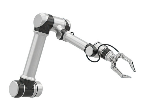 A robotic arm with a metallic and black arm and a gripping claw on a png transparent