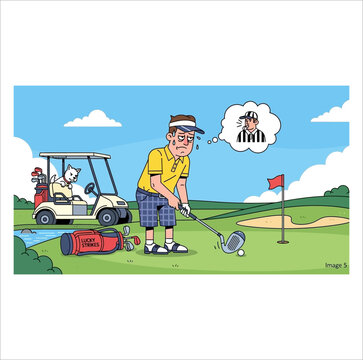 A frustrated and sweaty golfer struggles on the green, with a cat driving his golf cart in the background, imagining a referee.