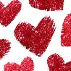 Fototapeta premium Seamless pattern with hand drawn red hearts in crayon style for valentine's day card or romantic background with unique design element.