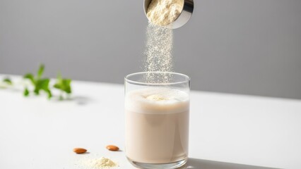 Light powder pours from a scoop into a glass of milky drink. Almonds and green sprig on a bright white surface
