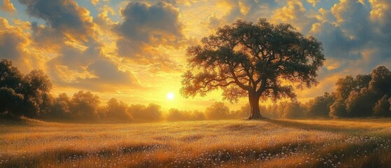 Naklejka premium Golden sunset over a vast field with a large solitary tree casting long shadows under a partly cloudy sky