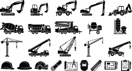 Heavy construction machinery and building equipment silhouette icons including excavators cranes and blueprints for civil engineering and industrial projects. © Fuad Creatives 