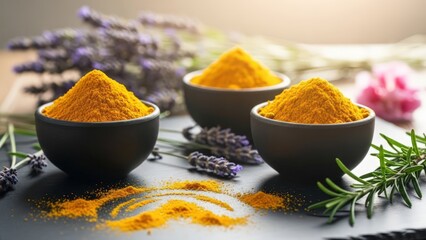 Three black bowls hold vibrant yellow powder, flanked by fresh lavender and rosemary sprigs on a dark surface