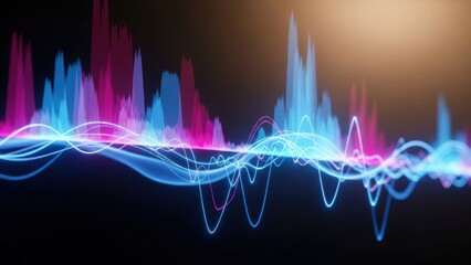 Vibrant blue and pink glowing audio waves and frequency bars on a dark background, representing sound or data