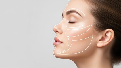 Profile of a young woman with closed eyes, facial lifting lines, and arrows for cosmetic procedures
