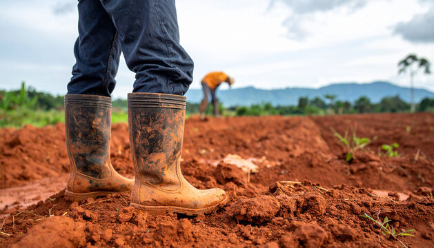 Muddy boots standing in a field with a person working in the background under a cloudy sky