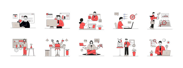 Set of 10 solopreneur illustrations. Flat vector concepts.