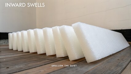 Minimalist Arrangement of White Foam Blocks on Wooden Surface Creating a Tranquil and Calm Aesthetic in Soft Lighting