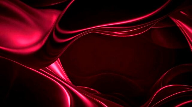 Abstract flowing red silk fabric with light reflections and dark background.