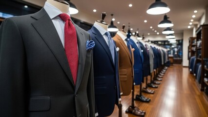 Row of mannequins display tailored suits with shirts and ties in a well-lit men's fashion boutique with wood floors