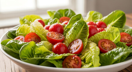 Freshly prepared vibrant green romaine lettuce salad mixed generously with glossy halved cherry tomatoes and seasoned lightly with cracked black pepper awaits healthy consumption.
