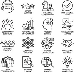 Fototapeta premium Outline consulting and advisory service icons set featuring expert guidance strategic planning problem solving business optimization vector design modern ui