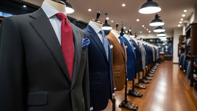 Row of mannequins display tailored suits with shirts and ties in a well-lit men's fashion boutique with wood floors
