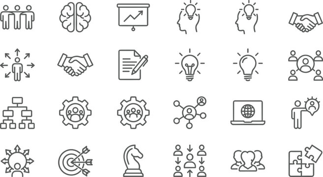 Outline business teamwork and strategy icons set showing leadership collaboration growth ideas planning management symbols vector collection modern ui design
