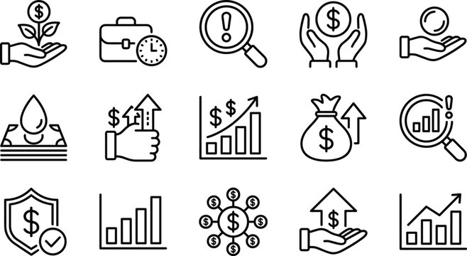 Outline finance and investment icons set illustrating growth profit savings analysis risk management wealth protection vector design modern ui collection