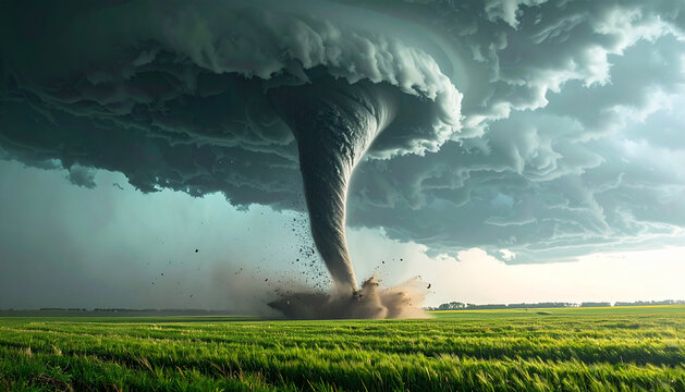 Tornado touches down in a vast green field under a stormy sky with dramatic clouds.